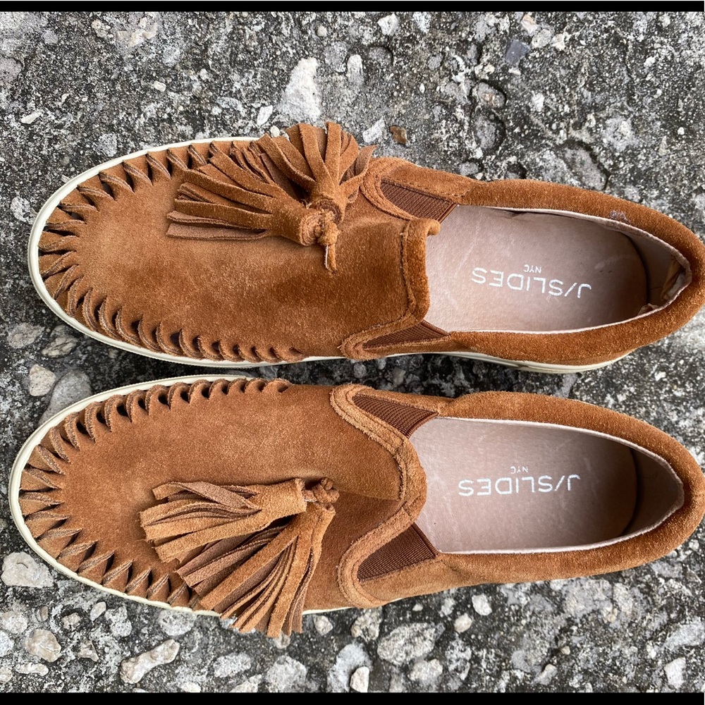 J/Slides Camel Suede Perforated Tassel Platform L… - image 8